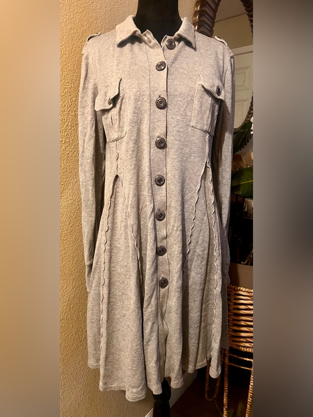 Free People Light Gray Button-Down Knit Shirt Dress